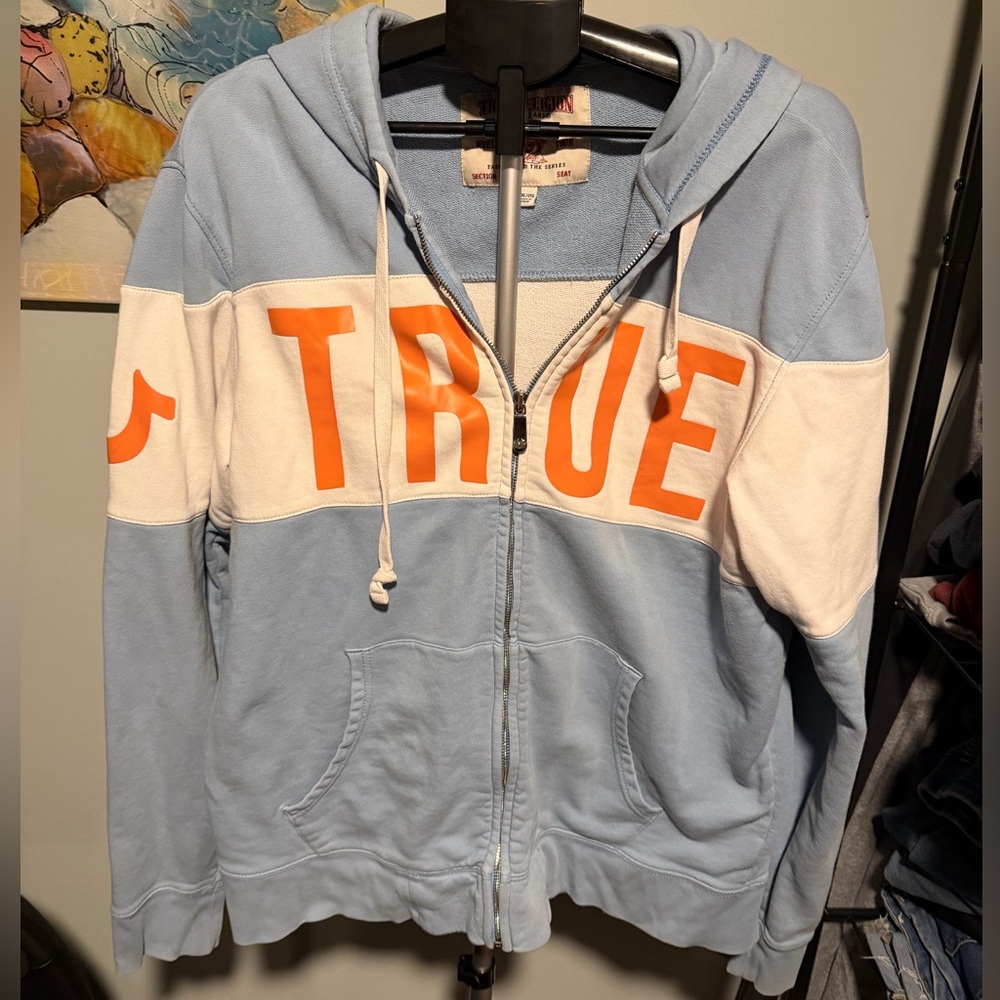 True Religion zip hoodie 2XL blue orange cream, vintage condition see photos